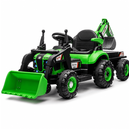 24V Kids Ride On Electric Tractor Toy with 4-in-1 Construction Attachments, Excavator Dump Truck Bulldozer Ride On Car with Parent Remote, 3 Speeds, Swivel Seat, Music, LED Tail Light, Green
