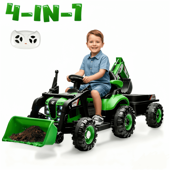 4-in-1 24V Kids Ride On Electric Tractor Toy with Construction Attachments (Excavator, Dump Truck & Bulldozer) with Remote Control, 3 Speed Adjustable, Built-in Music Player, LED Light, Green
