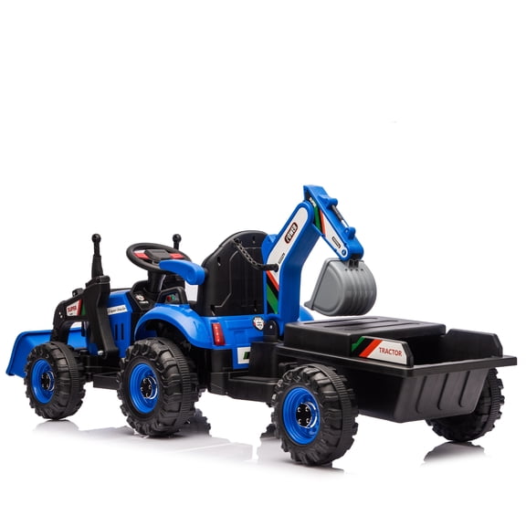24V Kids Ride-On Electric Tractor Toy with 4-in-1 Construction Attachments (Excavator, Dump Truck & Bulldozer) w/Parent Remote Control,3-Speed Adjustable,Built-in Music Player,LED Tail-light, Blue
