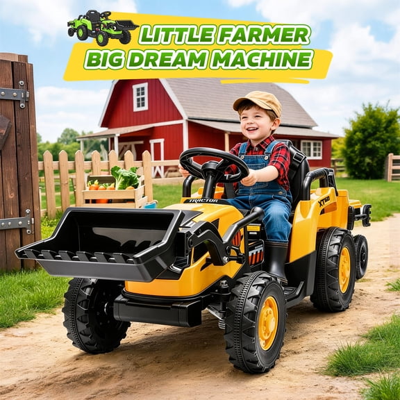 24V Kids Ride-On Farm Tractor with Trailer, 4WD Electric Tractor with Parent Remote, LED Headlights, Music, Safety Belt, Yellow