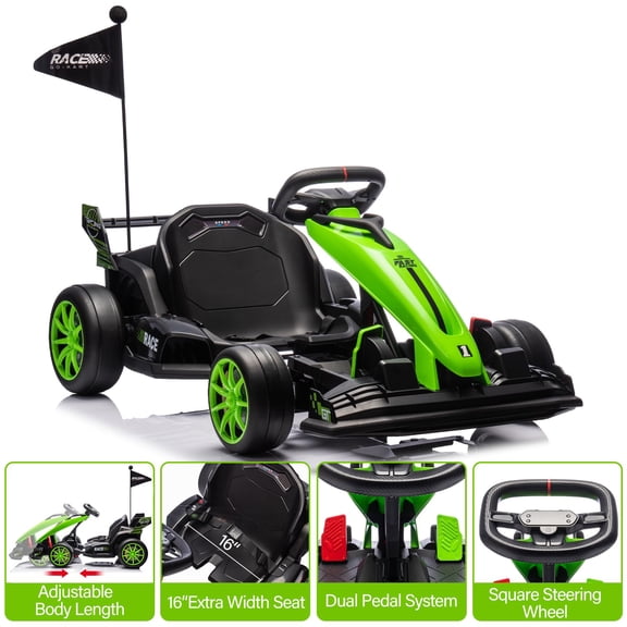 24V Kids Ride-On Go Kart, 7.5MPH High-Speed Drifting Car, Dual 200W Motors, 7Ah Battery, Adjustable Length, Max Load 135lbs, Power Display Racing Toy for Children 6+, Green