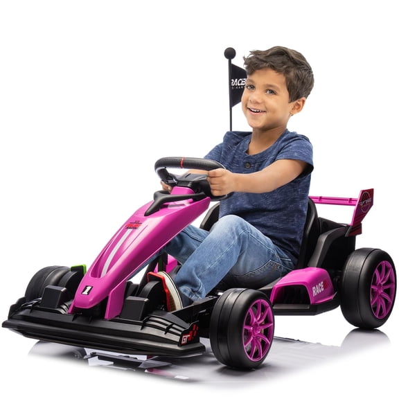 24V Kids Ride-On Go Kart, 7.5MPH High-Speed Drifting Car, Dual 200W Motors, 7Ah Battery, Adjustable Length, Max Load 135lbs, Power Display Racing Toy for Kids 6+, Pink