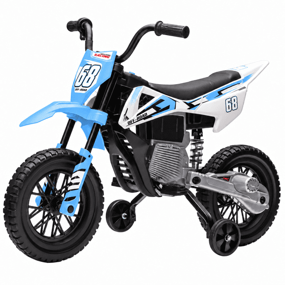 24V Kids Ride-On Motorcycle with Training Wheels, Dual Motors, 2-4 MPH Twist-Grip Throttle, Rear Suspension, Bluetooth Music, Battery Display, Motocross Style Electric Motorbike, Ages 3-8, Blue