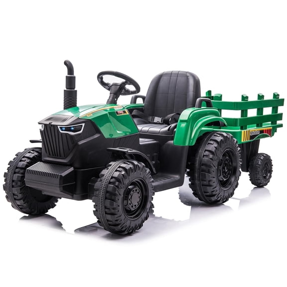 24V Kids Ride-On Tractor with Trailer, 400W Electric Farm Truck with Remote & Pedal Control, Headlights, USB MP3, Power Display, Adjustable Speeds, Safety Belt, Ride-On Toy Gift, Green