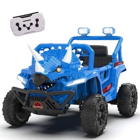 Xuanlur 12V Dinosaur Ride on UTV, Kids Electric Car w/Parent Control, 70W Motors, 3-Horn Dinosaur Design, Rear Light & Flag, Front Bumper, 3 Speed, LED, Bluetooth, Ride on Toys for Boys Girls, Blue