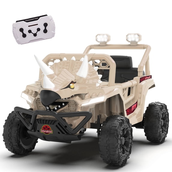 Xuanlur 12V Dinosaur Ride on UTV, Kids Electric Car w/Parent Control, 70W Motors, 3-Horn Dinosaur Design, Rear Light & Flag, Front Bumper, 3 Speed, LED, Bluetooth, Ride on Toys for Boys Girls, Khaki