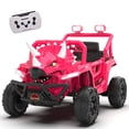 thumbnail image 1 of Xuanlur 12V Dinosaur Ride on UTV, Kids Electric Car w/Parent Control, 70W Motors, 3-Horn Dinosaur Design, Rear Light & Flag, Front Bumper, 3 Speed, LED, Bluetooth, Ride on Toys for Boys Girls, Pink, 1 of 7