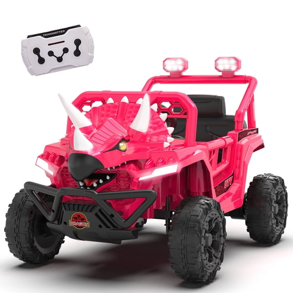Xuanlur 12V Dinosaur Ride on UTV, Kids Electric Car w/Parent Control, 70W Motors, 3-Horn Dinosaur Design, Rear Light & Flag, Front Bumper, 3 Speed, LED, Bluetooth, Ride on Toys for Boys Girls, Pink