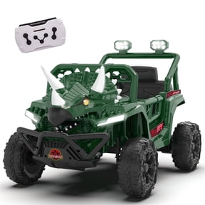 Xuanlur 12V Dinosaur Ride on UTV, Kids Electric Car w/Parent Control, 70W Motors, 3-Horn Dinosaur Design, Rear Light & Flag, Front Bumper, 3 Speed, LED, Bluetooth, Ride on Toys for Boys Girls, Green