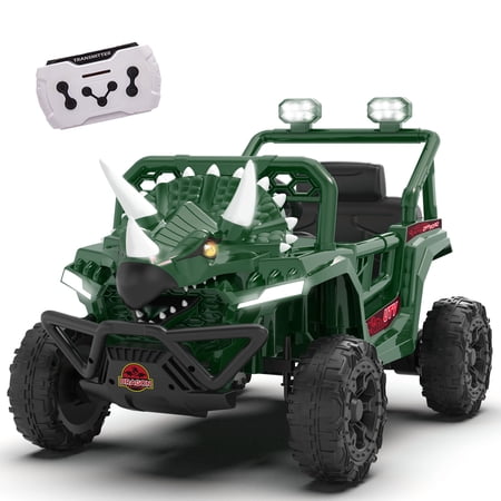 Xuanlur 12V Dinosaur Ride on UTV, Kids Electric Car w/Parent Control, 70W Motors, 3-Horn Dinosaur Design, Rear Light & Flag, Front Bumper, 3 Speed, LED, Bluetooth, Ride on Toys for Boys Girls, Green