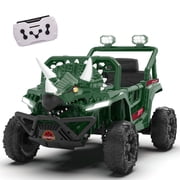 Xuanlur 12V Dinosaur Ride on UTV, Kids Electric Car w/Parent Control, 70W Motors, 3-Horn Dinosaur Design, Rear Light & Flag, Front Bumper, 3 Speed, LED, Bluetooth, Ride on Toys for Boys Girls, Green
