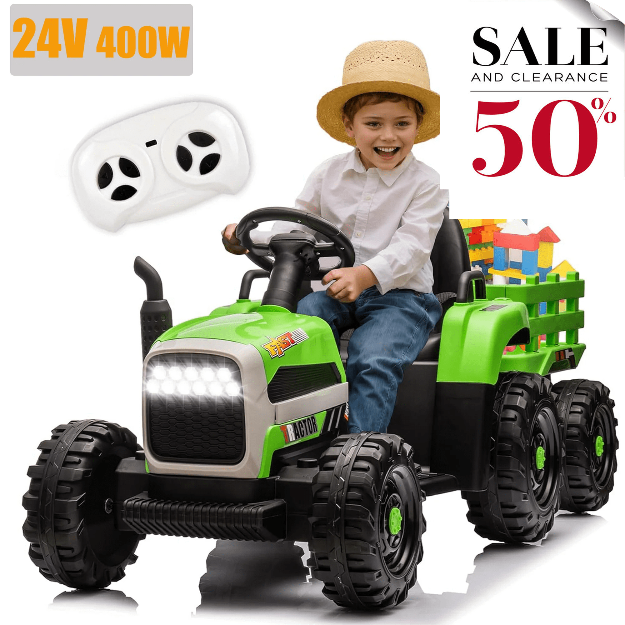 24V Green Ride-On Tractor with Trailer and Remote Control