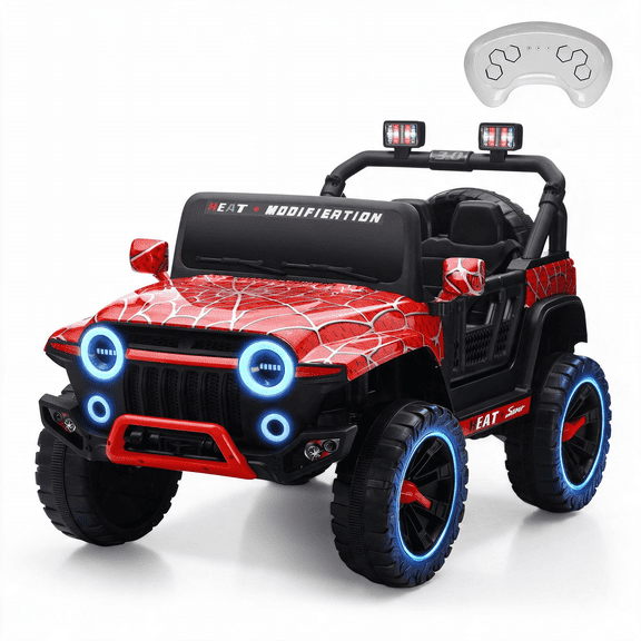 Pucloce 24V Kids Electric Ride-On Car, 2-Seater Spider Red Jeep with Remote Control, 3 Speeds, LED Lights, Bluetooth Music, Ideal Gift for Ages 3-8