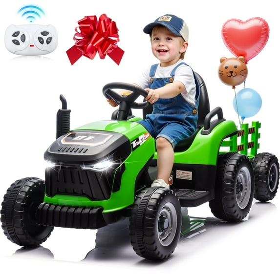 24V Kids Ride on Tractor with Remote Control, Dual Motors Electric Battery Powered Motorized Vehicle w/ Trailer, Bluetooth Music, Outdoor Toys, Green