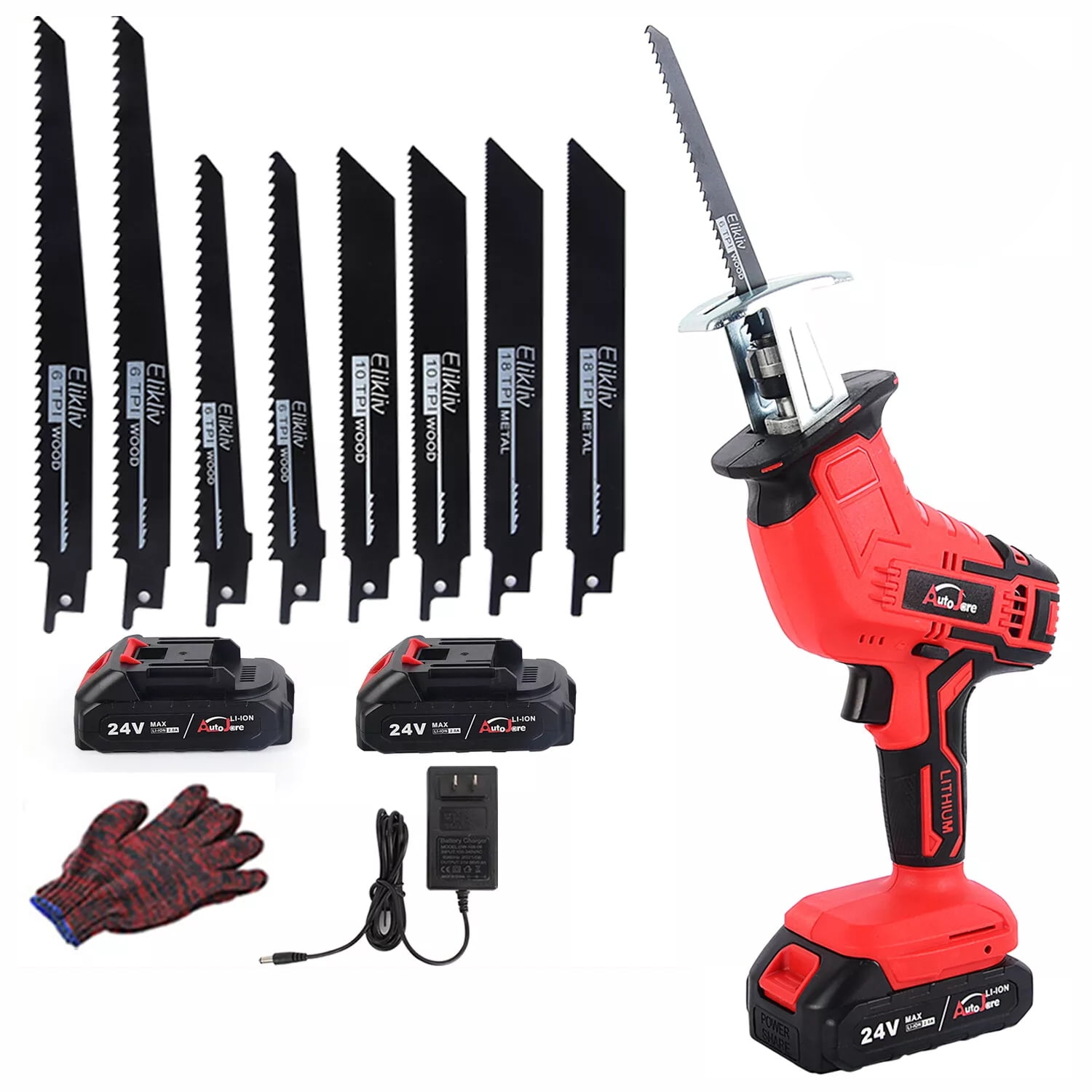 24V MAX Cordless Reciprocating Saw with 2 Batteries & Fast Charger, 8 Blades for Wood, Metal, PVC Cutting - Lightweight & Powerful Electric Hand Saw (Red)