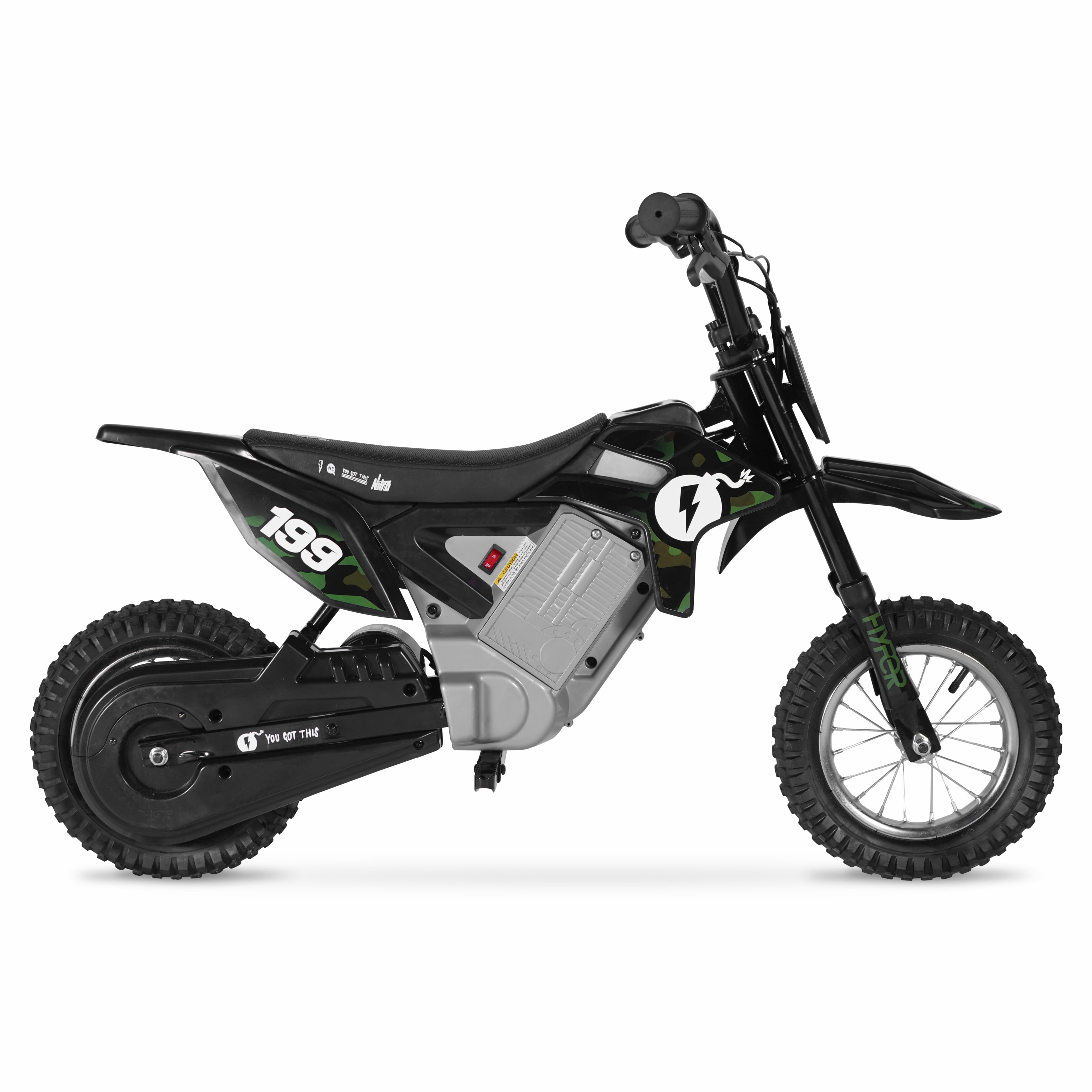 24V Nitro Circus Electric Motorcycle Dirt Bike, Powered Ride-on, by Hyper Toy Company, Camo, product net content uom is 1