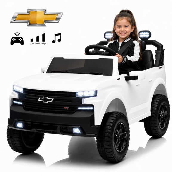 24V Ride on Car, Chevrolet Silverado Licensed, SHINPT 2 Seater Electric Truck with Remote Control, kids electric car for Ages 3-8 3-Speed, Bluetooth, LED Lights, White