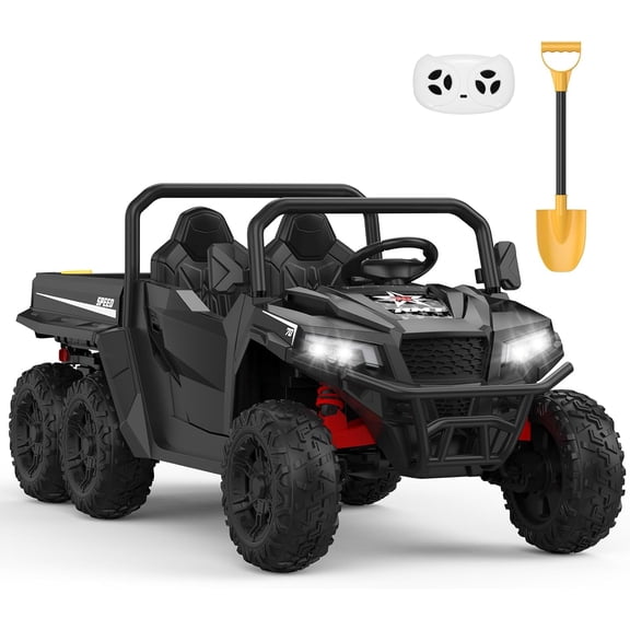 24V Ride On Dump Truck with Remote Control, Electric 2-Seater Car, 4WD, Electric Dump Bed, Shovel, Music Player, LED Lights, Key Start, 5MPH, Birthday Gift,Black