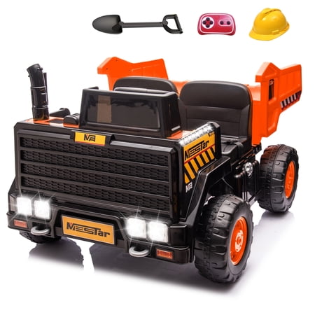 24V Ride On Dump Truck w/ Electric Dump Bed, 4WD 2 Seater Kids Ride On Car w/ Remote Control, 24V Battery Powered Car w/ Music, Suspension, Extra Shovel, 24V Electric Car for Big Boys Girls, Orange