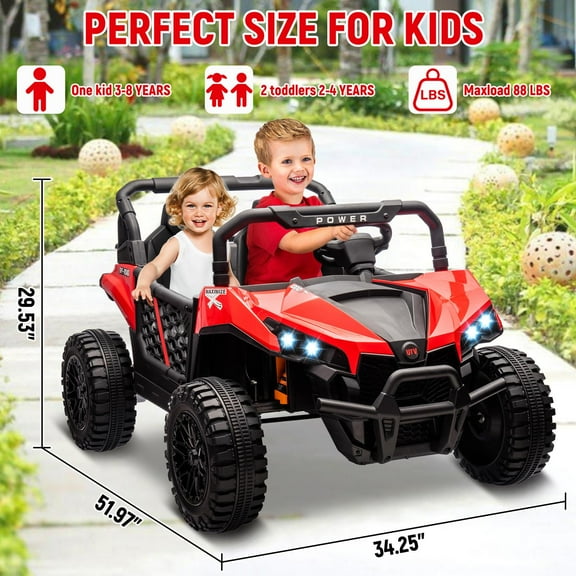 24V Ride On Car for Kids, 2 Seater UTV with Parent Remote – 3.1 MPH, Bluetooth Music, LED Lights & Seat Belts – ASTM & CPSIA Certified for Ages 3+