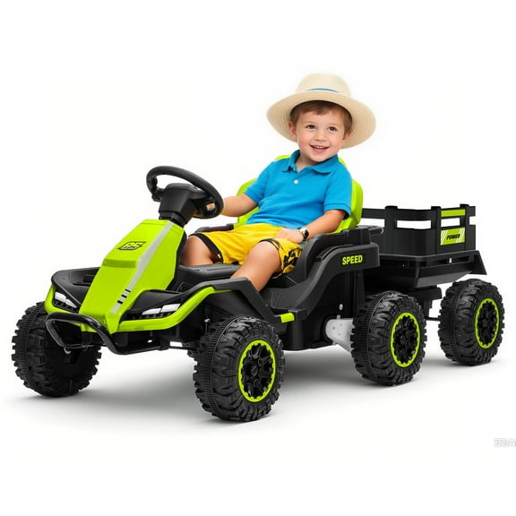 24V Ride On Toy for Big Kids with Trailer, 2x200W Motor, Electric Car for Kids w/Remote Control, Soft Start, Max 5MPH, Music & Wireless, Shock Absorbers, 6 Wheeler Ride On Car, Green