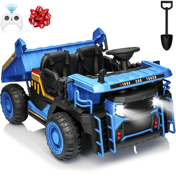 Funride 24V Ride on Toys 2 Seater Ride on Dump Truck w/ Remote Control, 2x200W Ride on Truck Car w/ Dump Bed, 3 Speeds, Shovel, Bluetooth/Music, Big Kids, Blue