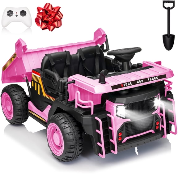 Funride 24V Ride on Toys 2 Seater Ride on Dump Truck w/ Remote Control, 2x200W Ride on Truck Car w/ Dump Bed, 3 Speeds, Shovel, Bluetooth/Music, Big Kids, Pink