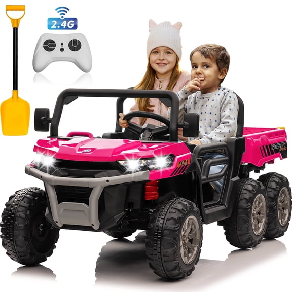 FUNRIDE 24V Ride on Toys UTV with Remote Control, 2 Seater Electric Cars for kids, 400W Ride on Dump truck w/ Tipping Bucket Trailer, Shovel, Spring Suspension, Bluetooth Music, Pink