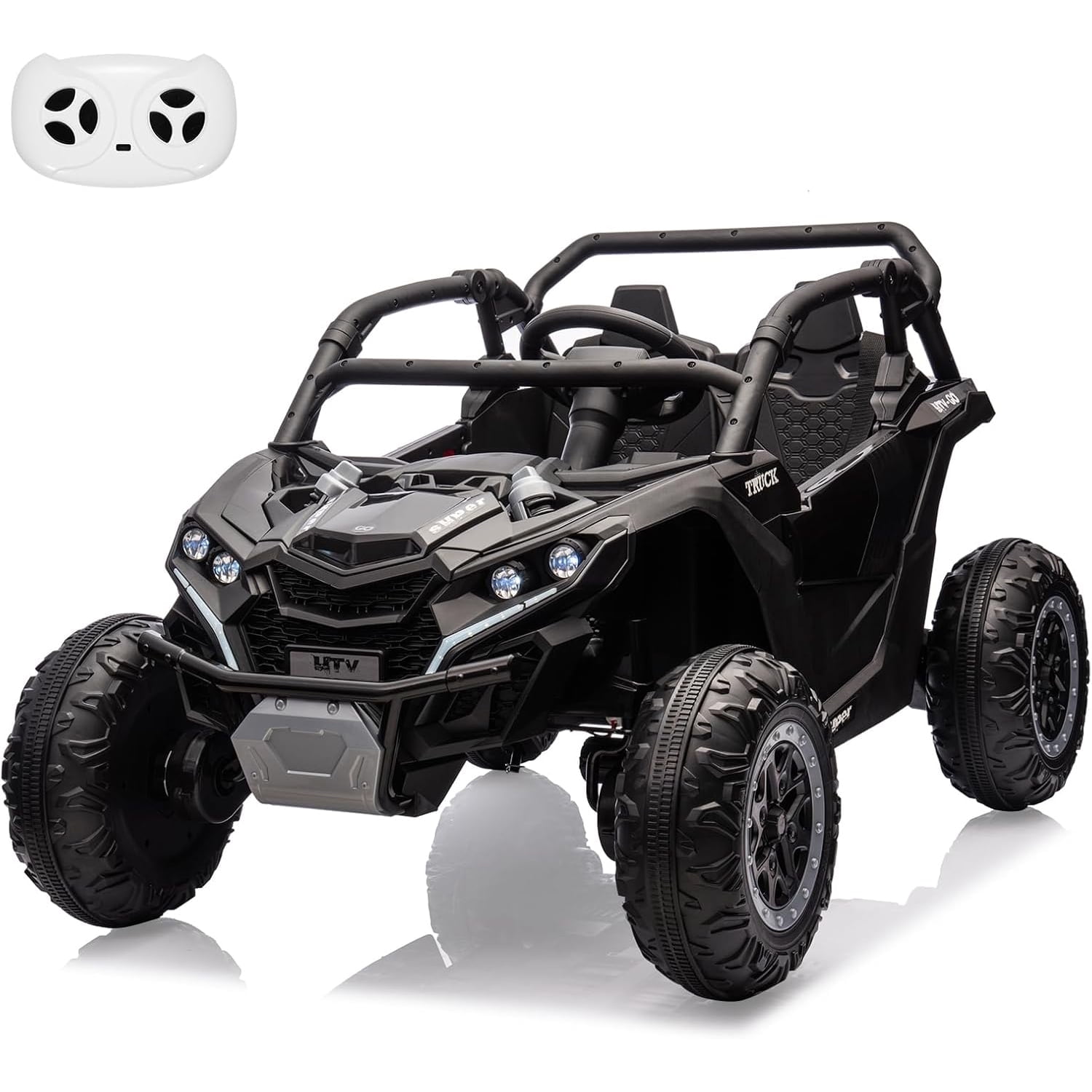 24V Ride on ATV or Kids, 2 Seater 4WD Powered ATV Car with Remote Control, LED Lights, 4 Shock Absorber, 3 Speeds, Horn, Music(Black)