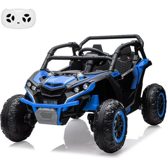 24V Ride on ATV or Kids, 2 Seater 4WD Powered ATV Car with Remote Control, LED Lights, 4 Shock Absorber, 3 Speeds, Horn, Music(Blue)