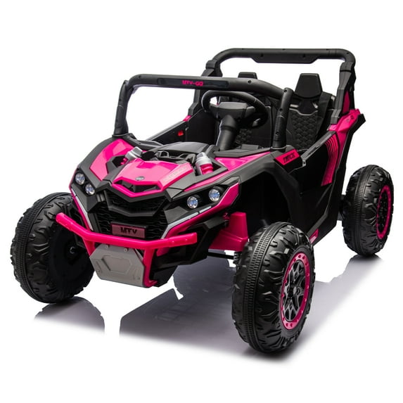 24V Two-Seater Ride On UTV W/Parents Remote Control,Four-Wheel Suspension,Slow Start,Large wheel design,Anti-collision bar,Storage space,Music,USB,Bluetooth,Volume control,LED lights for 3+.