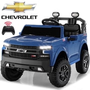 iYofe 24V 2 Seater Licensed Chevrolet Silverado Powered Ride on Truck, Kids Electric Car with Remote, 4 Wheels Spring Suspension, Ages 3-8, Blue