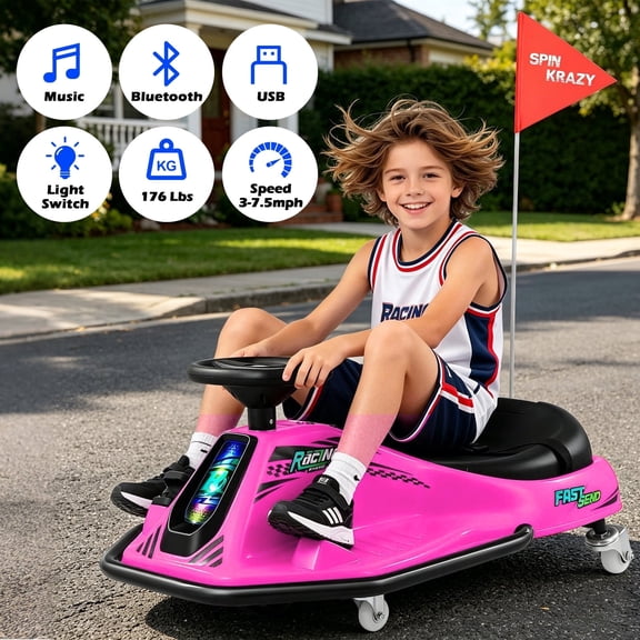 24V Kids Ride On Drift Cart Electric Drifting Go Kart for Boys Girls High/Low Speed Racing Toy 360°w/Bluetooth,Music,USB,LED Lights(Pink)