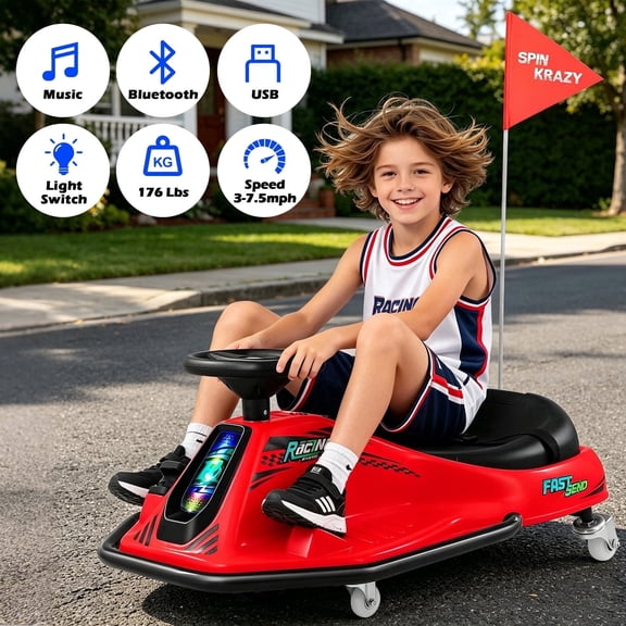 24V Kids Ride On Drift Cart Electric Drifting Go Kart for Boys Girls High/Low Speed Racing Toy 360°w/Bluetooth,Music,USB,LED Lights(Red)