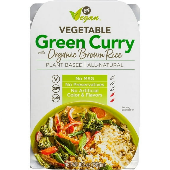 24Vegan Vegetable Green Curry with Organic Brown Rice - 100% Vegan, Non - GMO, Organic - Just heat and eat - Plant Based