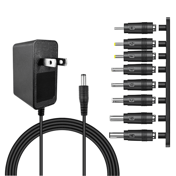 24W 12V 2A Power Supply AC Adapter Charger with 8-in-1 Converter Tips for LED Strip Light Massage Gun Security Camera CCTV, 1.2M Extension Cord