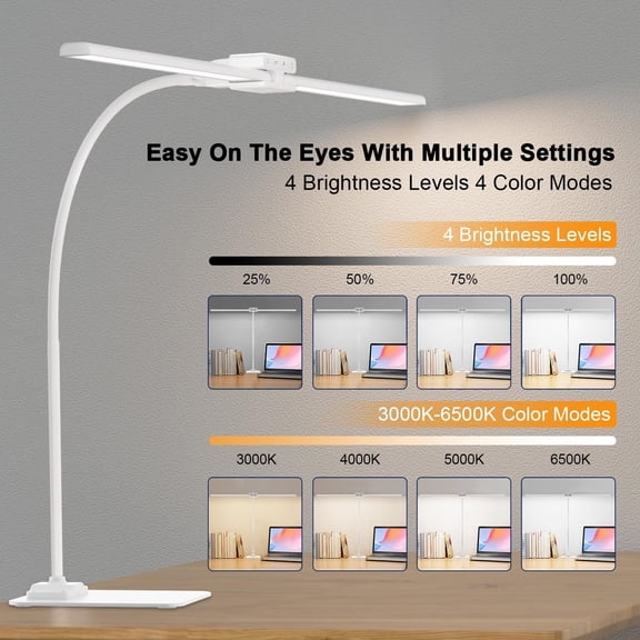 24W 31.5IN Architect Double Head Desk Lamps for Home Office,Dimmable & 6 Color Modes Extra Bright Modern Table lamp with Base,Overhead Computer Lighting for Workbench Monitor