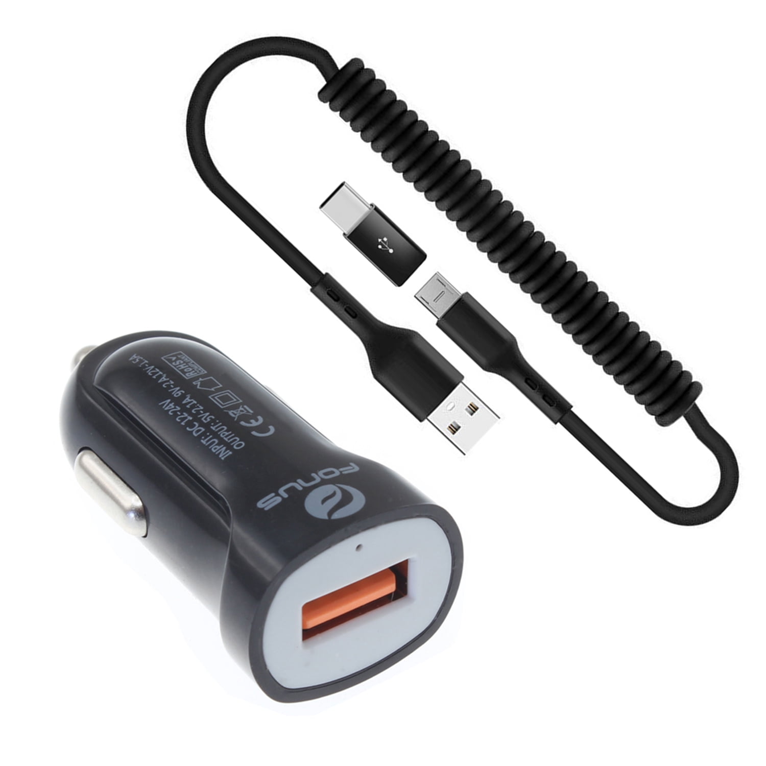 24W Fast Car Charger Coiled USB Cable for Samsung Galaxy S23/FE/Plus/Ultra/S24/FE/Plus/Ultra - Micro-USB to USB-C Adapter Power Cord Wire Quick Charge DC Socket