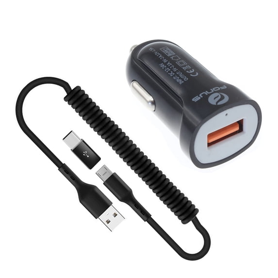 24W Fast Car Charger Coiled USB Cable for Samsung Galaxy S25/Edge/Plus/Ultra - Micro-USB to USB-C Adapter Power Cord Wire Quick Charge DC Socket
