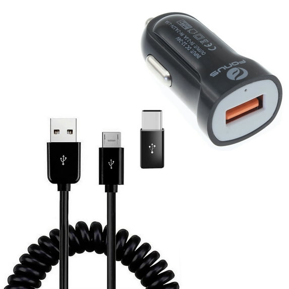 24W Fast Car Charger Coiled USB Cable for iPhone 15/16/Plus/Pro/Pro Max/16e - Micro-USB to USB-C Adapter Power Cord Wire Quick Charge DC Socket