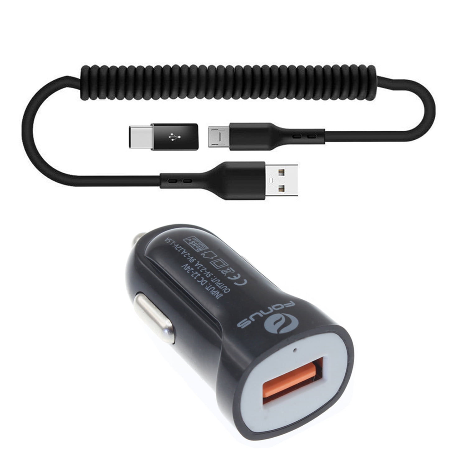 24W Fast Car Charger for Samsung Galaxy Tab A7/A8/A9/A9 Plus/A7 Lite Tablets - Coiled USB Cable Micro-USB to USB-C Adapter Power Cord Wire Quick Charge for Galaxy Tab A7/A8/A9/A9 Plus/A7 Lite Models