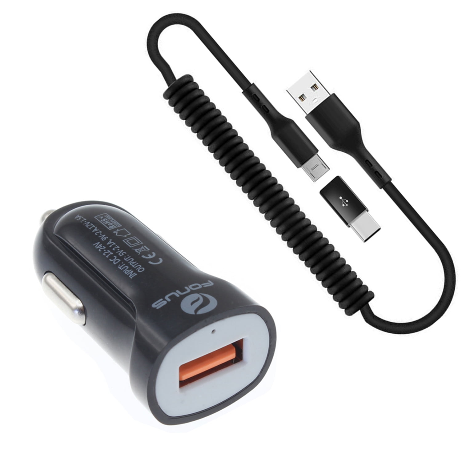 24W Fast Car Charger for Nokia G90/G100 - Coiled USB Cable Micro-USB to USB-C Adapter Power Cord Wire Quick Charge DC Socket for Nokia G90/G100