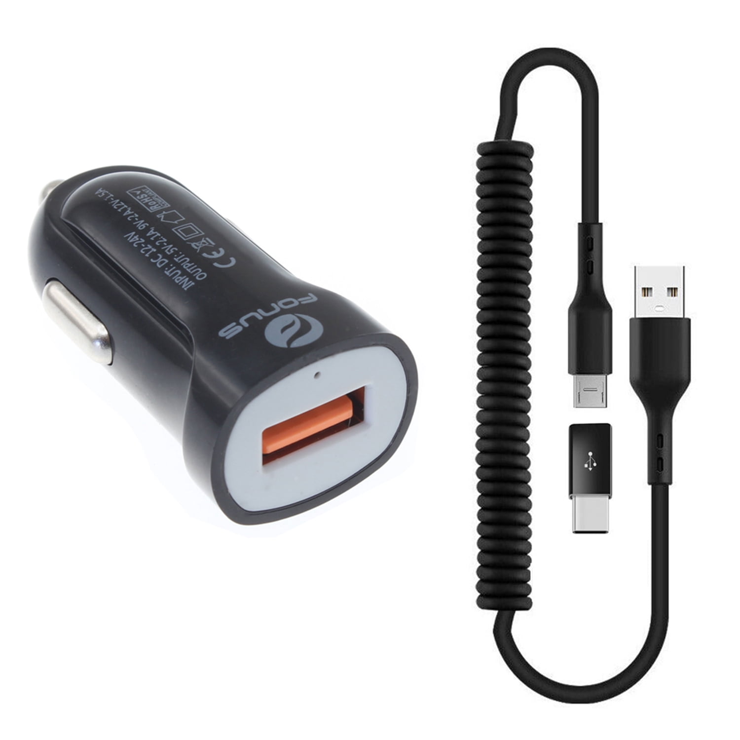 24W Fast Car Charger for OnePlus 11/12/12R/13/13R 5G - Coiled USB Cable Micro-USB to USB-C Adapter Power Cord Wire Quick Charge DC Socket