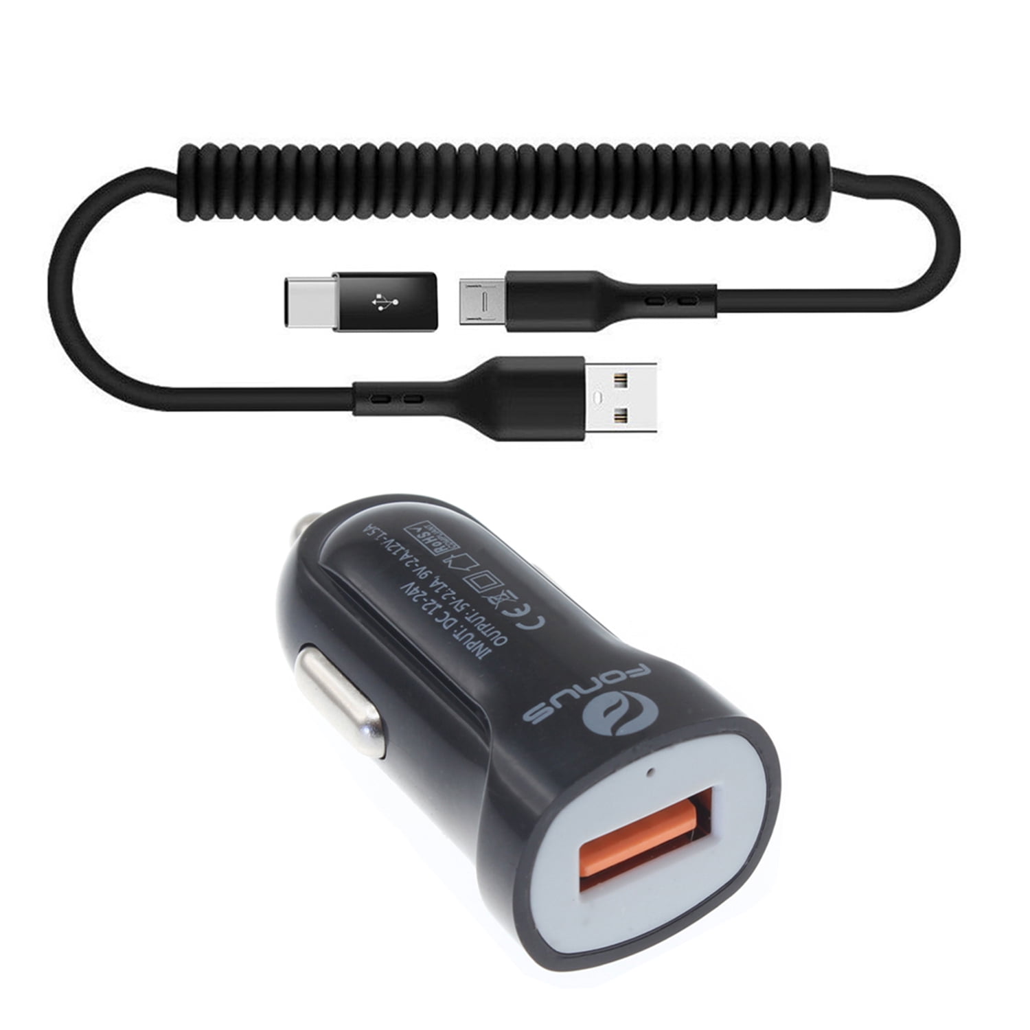 24W Fast Car Charger for TCL Flip 4 5G - Coiled USB Cable Micro-USB to USB-C Adapter Power Cord Wire Quick Charge DC Socket