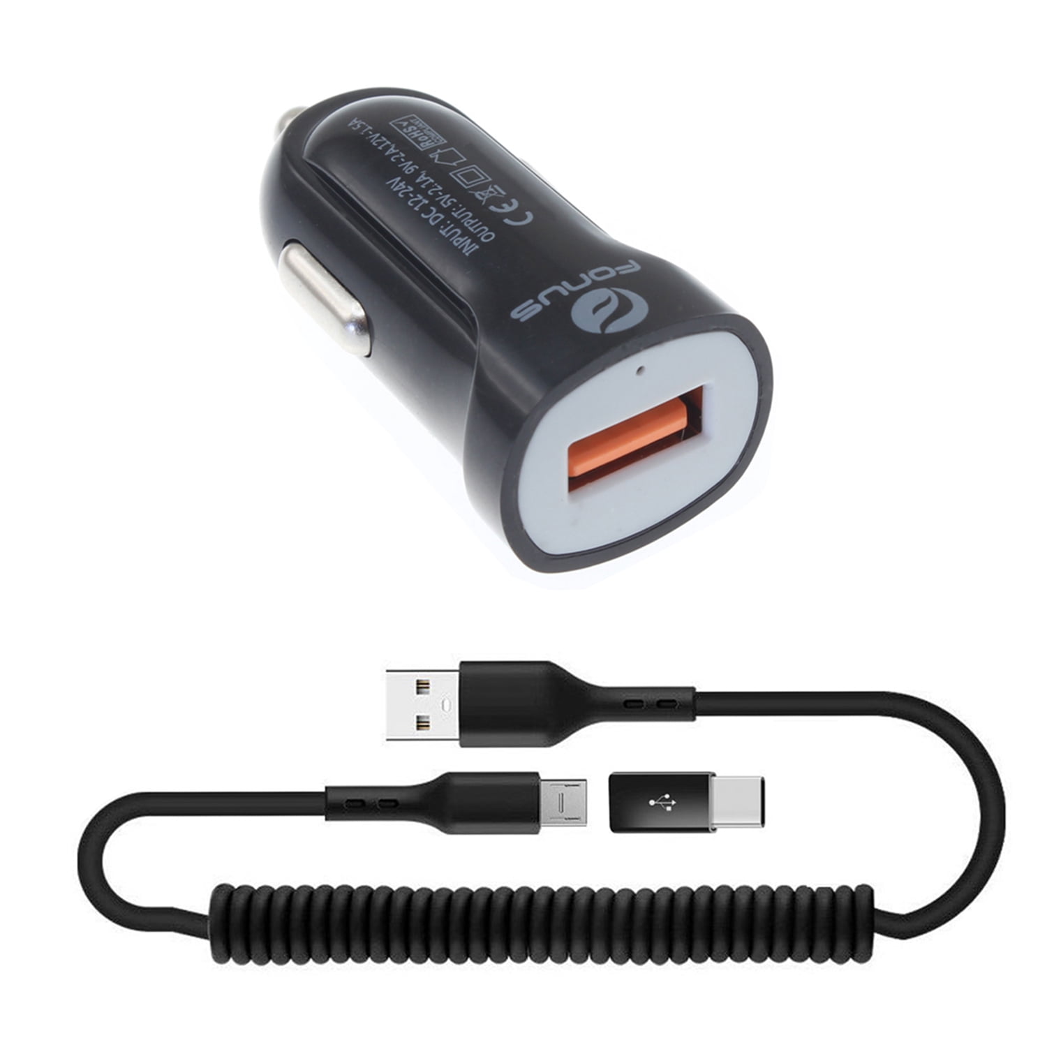 24W Fast Car Charger for TCL NxtPaper 11/Tab 11 - Coiled USB Cable Micro-USB to USB-C Adapter Power Cord Wire Quick Charge DC Socket