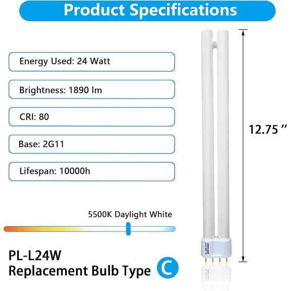24W PL24-C fluorescent light bulb, replacement for OttLite B24553 T40J34, Type C