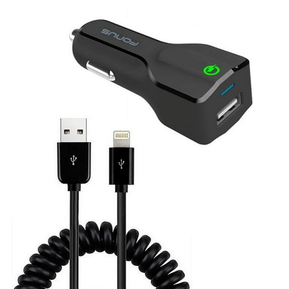 24W USB Adaptive Fast Car Charger Coiled Cable DC Power Adapter Quick Charge Smart Detect Long Sync Cord Compact Compatible With iPhone XS Max XR X SE, iPad 9.7 W5K