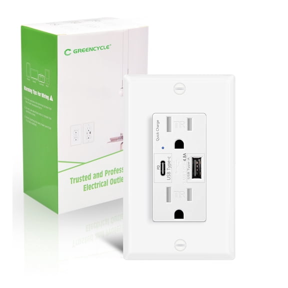 24W USB C Outlets Fast Charging,Greencycle 1PK 15Amp Electrical Outlet With USB C Ports,Quick Charge Without Adapter Type C Outlet (4.8A/5V),Tamper Resistant with Wall Plate ETL Listed