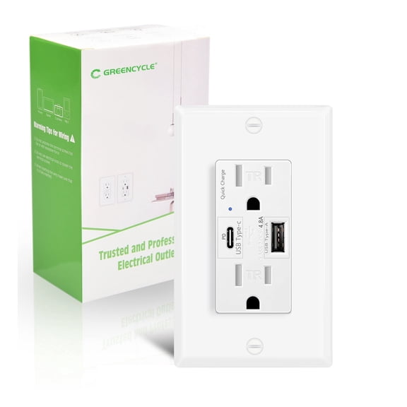24W USB C Outlets Fast Charging,Greencycle 1PK 15Amp Electrical Outlet With USB C Ports,Quick Charge Without Adapter Type C Outlet (4.8A/5V),Tamper Resistant with Wall Plate ETL Listed