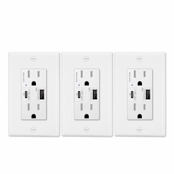 24W USB C Outlets Fast Charging,Greencycle 3PK 15Amp Electrical Outlet With USB C Ports,Quick Charge Without Adapter Type C Outlet (4.8A/5V),Tamper Resistant with Wall Plate ETL Listed